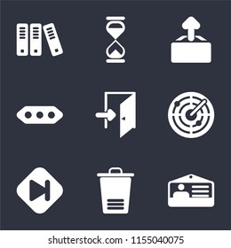 Set Of 9 simple icons such as Id card, Trash, Skip, Radar, Exit, More, Upload, Hourglass, Archive, can be used for mobile, pixel perfect vector icon pack on black background