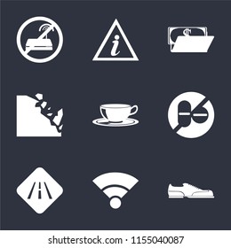 Set Of 9 simple icons such as Shoes, Wifi, Road, No drugs, Coffee cup, Falling rocks, Wallet, Information point, wifi, can be used for mobile, pixel perfect vector icon pack on black background