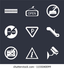 Set Of 9 simple icons such as Cctv, Information point, No camera, Escalator, Parking, drugs, wifi, Open, Train, can be used for mobile, pixel perfect vector icon pack on black background
