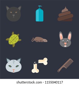 Set Of 9 simple icons such as Comb, Bone, Cat, Rabbit, Mouse, Turtle, Poop, Shampoo, can be used for mobile, pixel perfect vector icon pack on black background