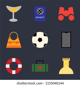 Set Of 9 simple icons such as Sand castle, Suitcase, Lifebuoy, Phone, Ball, Bag, Binoculars, Passport, Cocktail, can be used for mobile, pixel perfect vector icon pack on black background