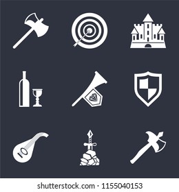 Set Of 9 simple icons such as Axe, Excalibur, Lute, Shield, Fanfare, Wine, Castle, Archery, can be used for mobile, pixel perfect vector icon pack on black background