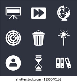 Set Of 9 simple icons such as Archive, Hourglass, User, Magic wand, Garbage, Radar, Worldwide, Fast forward, Television, can be used for mobile, pixel perfect vector icon pack on black background