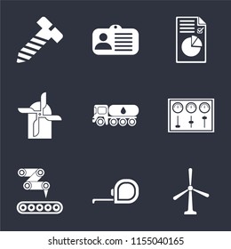 Set Of 9 simple icons such as Windmill, Measuring tape, Conveyor, Control panel, Tank truck, Mill, Plan, Id card, Bolt, can be used for mobile, pixel perfect vector icon pack on black background