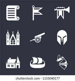 Set Of 9 simple icons such as Crossbow, Ship, House, Helmet, Cannon, Church, Fanfare, Flag, Scroll, can be used for mobile, pixel perfect vector icon pack on black background