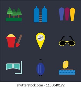 Set Of 9 simple icons such as Parasailing, Luggage, Snorkel, Sunglasses, Gps, Sand bucket, Surfing, Oxygen, Forest, can be used for mobile, pixel perfect vector icon pack on black background