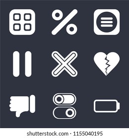 Set Of 9 simple icons such as Battery, Switch, Dislike, Multiply, Pause, Menu, Percent, can be used for mobile, pixel perfect vector icon pack on black background