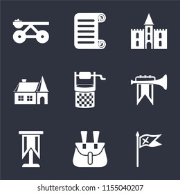 Set Of 9 simple icons such as Flag, Belt pouch, Standard, Fanfare, Water well, House, Castle, Scroll, Trebuchet, can be used for mobile, pixel perfect vector icon pack on black background