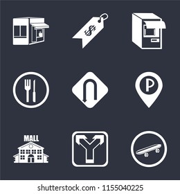 Set Of 9 simple icons such as Skateboard, Junction, Mall, Parking, Turn, Restaurant, Atm, Price, Store, can be used for mobile, pixel perfect vector icon pack on black background