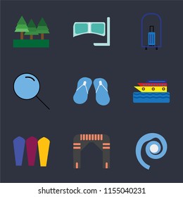 Set Of 9 simple icons such as Seashell, Arch, Surfing, Cruise, Flip flops, Search, Bellhop, Snorkel, Forest, can be used for mobile, pixel perfect vector icon pack on black background