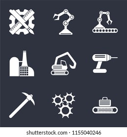Set Of 9 simple icons such as Conveyor, Cogwheel, Pick, Drill, Digger, Factory, Robot arm, Planning, can be used for mobile, pixel perfect vector icon pack on black background
