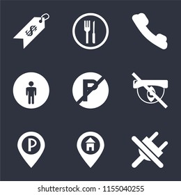 Set Of 9 simple icons such as No plug, Location, Parking, Hidden, parking, Restroom, Telephone, Restaurant, Price, can be used for mobile, pixel perfect vector icon pack on black background