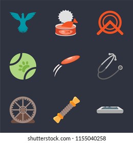 Set Of 9 simple icons such as Litter box, Rope, Hamster ball, Stethoscope, Frisbee, Ball, Wheel, Cat food, Bird, can be used for mobile, pixel perfect vector icon pack on black background