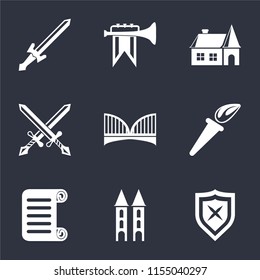 Set Of 9 simple icons such as Shield, Tower, Scroll, Torch, Bridge, Swords, House, Fanfare, Sword, can be used for mobile, pixel perfect vector icon pack on black background