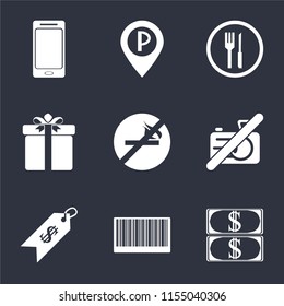 Set Of 9 simple icons such as Money, Barcode, Price, No camera, smoking, Gift, Restaurant, Parking, Smartphone, can be used for mobile, pixel perfect vector icon pack on black background