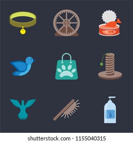 Set Of 9 simple icons such as Drops, Brush, Bird, Scratching, Shopping bag, Cat food, Hamster ball, Collar, can be used for mobile, pixel perfect vector icon pack on black background