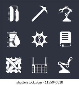 Set Of 9 simple icons such as Robot arm, Elevator, Planning, Book, Machinery, Oil, Pick, Silo, can be used for mobile, pixel perfect vector icon pack on black background