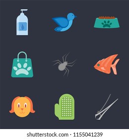 Set Of 9 simple icons such as Nail trimmer, Glove, Dog, Fish, Spider, Shopping bag, Bowl, Bird, Drops, can be used for mobile, pixel perfect vector icon pack on black background