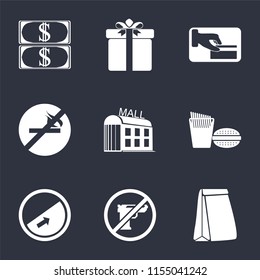 Set Of 9 simple icons such as Paper bag, Gun, Slope, Fast food, Mall, No smoking, Card payment, Gift, Money, can be used for mobile, pixel perfect vector icon pack on black background