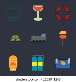 Set Of 9 simple icons such as Map, Aqualung, Sun protection, Pointer, Railway, Swimsuit, Lifebuoy, Cocktail, Globe, can be used for mobile, pixel perfect vector icon pack on black background