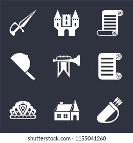 Set Of 9 simple icons such as Quiver, House, Crown, Scroll, Fanfare, Hat, Castle, Dagger, can be used for mobile, pixel perfect vector icon pack on black background