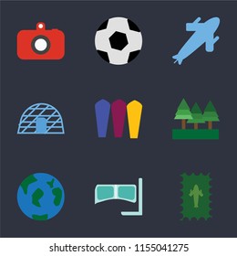 Set Of 9 simple icons such as Postage, Snorkel, Travel, Forest, Surfing, Igloo, Plane, Ball, Camera, can be used for mobile, pixel perfect vector icon pack on black background