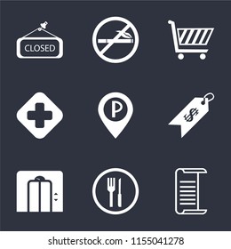 Set Of 9 simple icons such as List, Restaurant, Lift, Price, Parking, Hospital, Shopping cart, No smoking, Closed, can be used for mobile, pixel perfect vector icon pack on black background