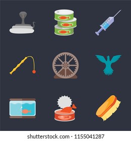 Set Of 9 simple icons such as Brush, Cat food, Aquarium, Bird, Hamster ball, Toy, Syringe, Canned Snake, can be used for mobile, pixel perfect vector icon pack on black background