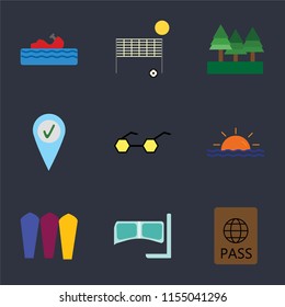 Set Of 9 simple icons such as Passport, Snorkel, Surfing, Sunset, Sunglasses, Check in, Forest, Beach volleyball, Water craft, can be used for mobile, pixel perfect vector icon pack on black