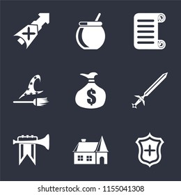 Set Of 9 simple icons such as Shield, House, Fanfare, Sword, Money bag, Witch, Scroll, Cauldron, Lance, can be used for mobile, pixel perfect vector icon pack on black background