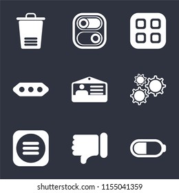 Set Of 9 simple icons such as Battery, Dislike, Menu, Settings, Id card, More, Switch, Trash, can be used for mobile, pixel perfect vector icon pack on black background
