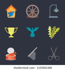Set Of 9 simple icons such as Scissors, Net, Cat food, Seaweed, Bird, Trophy, Lamp, Hamster ball, Bird house, can be used for mobile, pixel perfect vector icon pack on black background