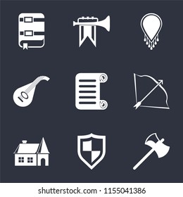 Set Of 9 simple icons such as Axe, Shield, House, Bow and arrow, Scroll, Lute, Necklace, Fanfare, Book, can be used for mobile, pixel perfect vector icon pack on black background