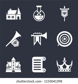 Set Of 9 simple icons such as Crown, Scroll, Castle, Archery, Fanfare, Banner, Poison, House, can be used for mobile, pixel perfect vector icon pack on black background