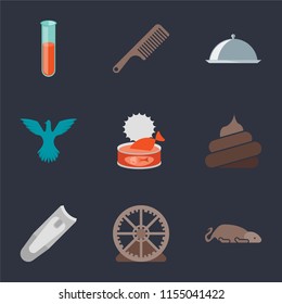 Set Of 9 simple icons such as Mouse, Hamster ball, Nail clippers, Poop, Cat food, Bird, Food, Comb, Test tube, can be used for mobile, pixel perfect vector icon pack on black background