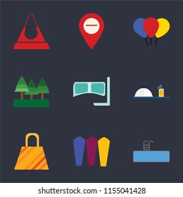 Set Of 9 simple icons such as Swimming pool, Surfing, Bag, Room service, Snorkel, Forest, Balloon, Map, Purse, can be used for mobile, pixel perfect vector icon pack on black background