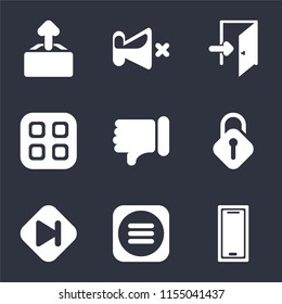 Set Of 9 simple icons such as Smartphone, Menu, Skip, Unlocked, Dislike, Exit, Mute, Upload, can be used for mobile, pixel perfect vector icon pack on black background