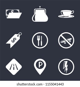 Set Of 9 simple icons such as Electricity, Parking, Road, Skateboard, Restaurant, Price, Coffee cup, Purse, Wallet, can be used for mobile, pixel perfect vector icon pack on black background