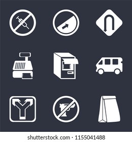 Set Of 9 simple icons such as Paper bag, Gun, Junction, Bus, Atm, Cashier machine, Turn, Slope, No drugs, can be used for mobile, pixel perfect vector icon pack on black background