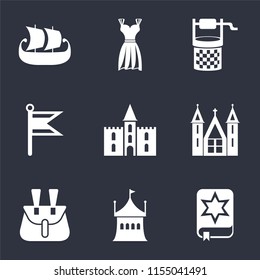 Set Of 9 simple icons such as Spellbook, Tent, Belt pouch, Church, Castle, Flag, Water well, Gown, Ship, can be used for mobile, pixel perfect vector icon pack on black background