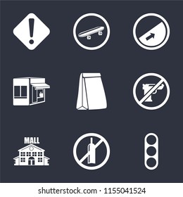 Set Of 9 simple icons such as Traffic light, No alcohol, Mall, Gun, Paper bag, Store, Slope, Skateboard, Warning, can be used for mobile, pixel perfect vector icon pack on black background