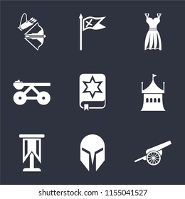 Set Of 9 simple icons such as Cannon, Helmet, Standard, Tent, Spellbook, Trebuchet, Gown, Flag, Crossbow, can be used for mobile, pixel perfect vector icon pack on black background