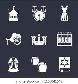 Set Of 9 simple icons such as Spellbook, Beer, Helmet, Alchemy, Castle, Wheelbarrow, Gown, Drum, Tent, can be used for mobile, pixel perfect vector icon pack on black background
