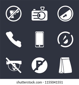 Set Of 9 simple icons such as Paper bag, No parking, Hidden, water, Smarthphone, Telephone, Slope, Camera, Gun, can be used for mobile, pixel perfect vector icon pack on black background