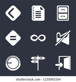 Set Of 9 simple icons such as Exit, Street, Volume control, Muted, Infinity, Equal, Archive, Notepad, Back, can be used for mobile, pixel perfect vector icon pack on black background