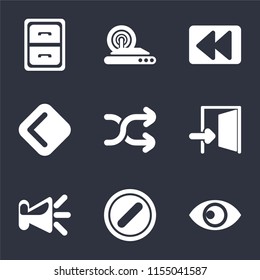 Set Of 9 simple icons such as View, Forbidden, Speaker, Exit, Shuffle, Back, Rewind, Wireless internet, Archive, can be used for mobile, pixel perfect vector icon pack on black background