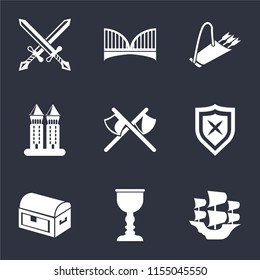 Set Of 9 simple icons such as Caravel, Goblet, Chest, Shield, Axes, Tower, Quiver, Bridge, Swords, can be used for mobile, pixel perfect vector icon pack on black background