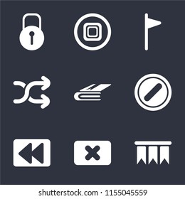 Set Of 9 simple icons such as Bookmark, Close, Rewind, Forbidden, Notebook, Shuffle, Flag, Stop, Locked, can be used for mobile, pixel perfect vector icon pack on black background