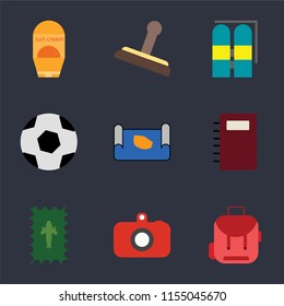 Set Of 9 simple icons such as Backpack, Camera, Postage, Notebook, Map, Ball, Aqualung, Stamp, Sun protection, can be used for mobile, pixel perfect vector icon pack on black background