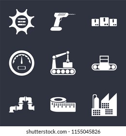 Set Of 9 simple icons such as Factory, Measure, Pipe, Conveyor, Gauge, Packages, Drill, Options, can be used for mobile, pixel perfect vector icon pack on black background